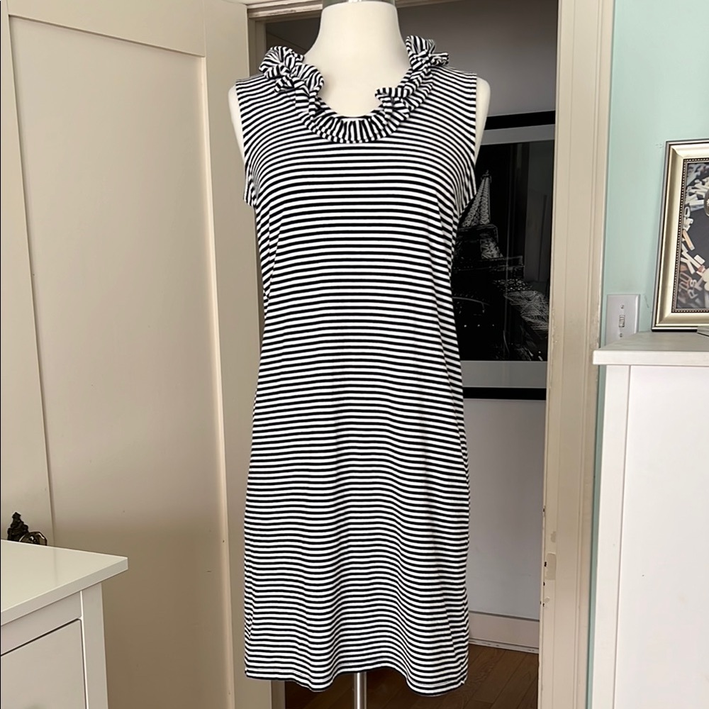 TALBOTS Black and White Striped Jersey Dress sleeveless ruffle collar